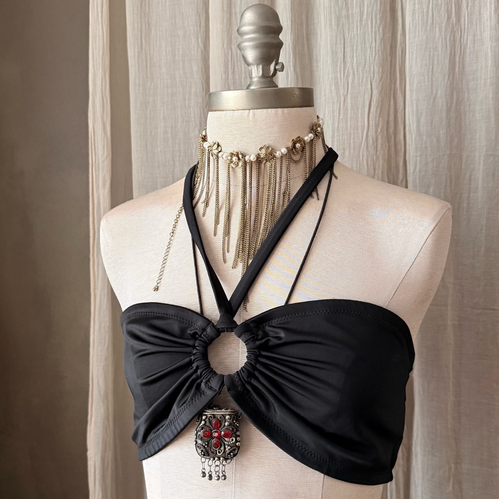 NWT Black H&M halter neckuched neck tie bikini top with ring detail